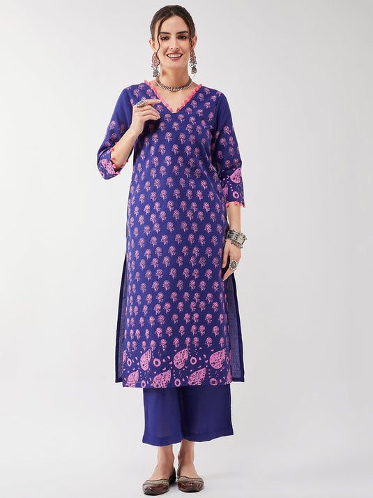 Casual Printed Kurta Having Pom-Pom Lace Details With Matching Pant Set