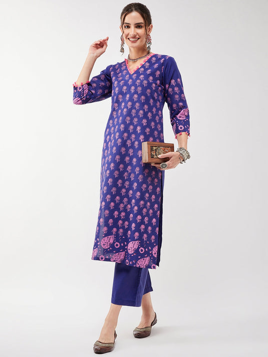 Casual Printed Kurta Having Pom-Pom Lace Details With Matching Pant Set