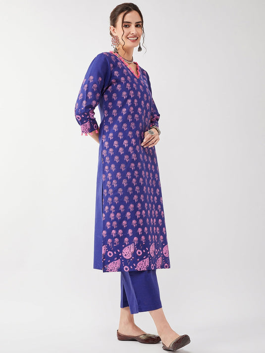 Casual Printed Kurta Having Pom-Pom Lace Details With Matching Pant Set