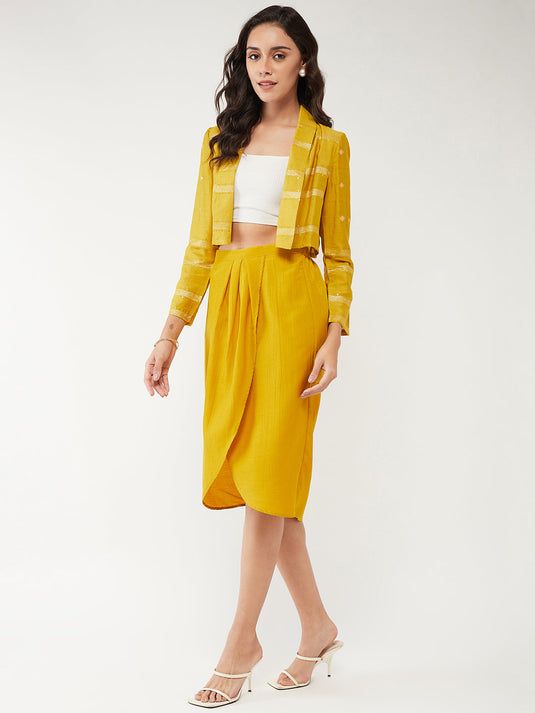 Self-Embellished Short Blazer With Dhoti Drape Skirt Set