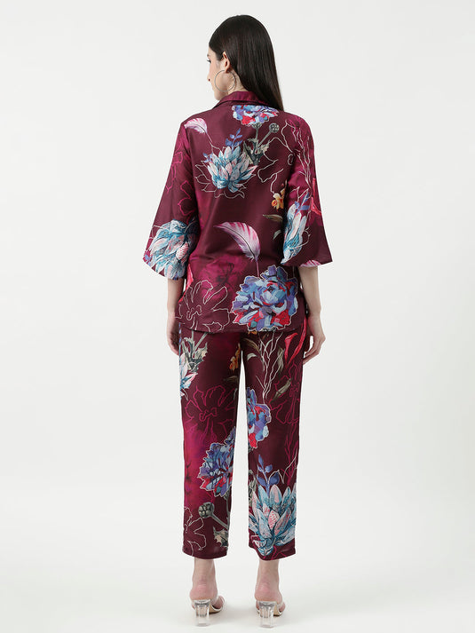 Floral Digital Printed Loungewear Shirt With Pant Set