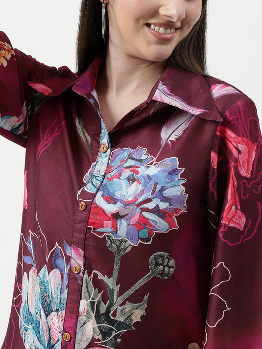 Floral Digital Printed Loungewear Shirt With Pant Set