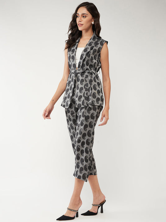 Printed Sleeveless Waistcoat Style Top With Pant Set