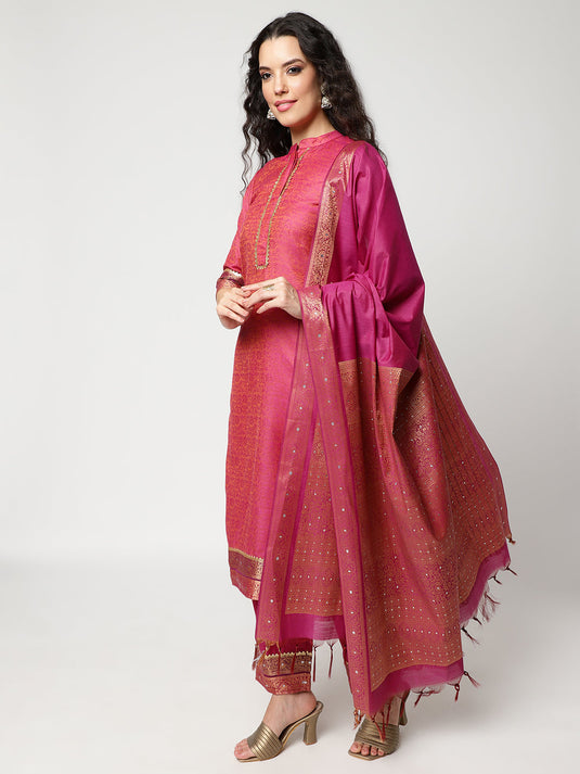 Festive Lace Placket Kurta With Straight Pant And Matching Dupatta Set