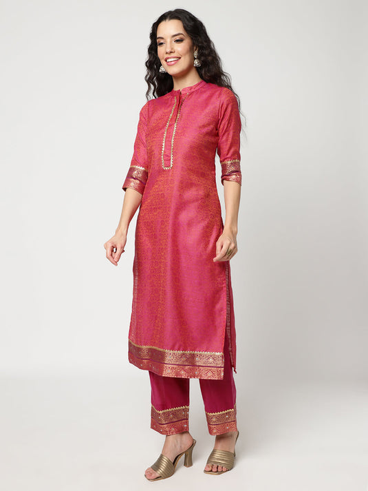 Festive Lace Placket Kurta With Straight Pant And Matching Dupatta Set