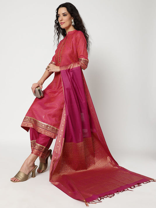 Festive Lace Placket Kurta With Straight Pant And Matching Dupatta Set