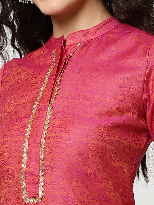 Festive Lace Placket Kurta With Straight Pant And Matching Dupatta Set