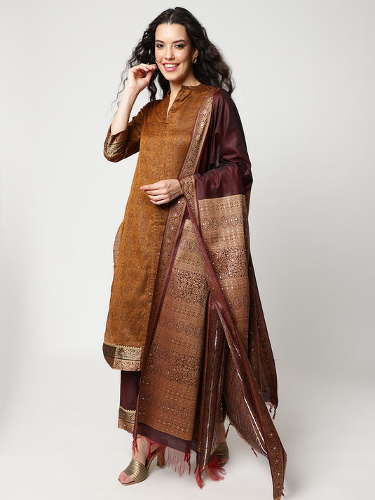 Festive Jaquard Kurta With Straight Pant And Matching Dupatta Set