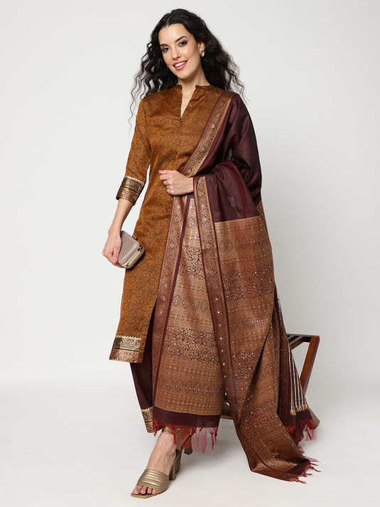 Festive Jaquard Kurta With Straight Pant And Matching Dupatta Set