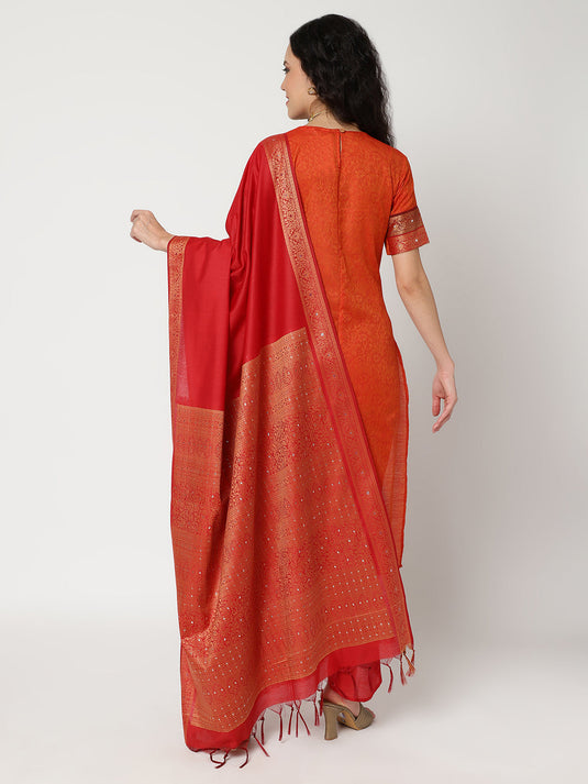 Festive Yoke Kurta With Lace, Straight Pant And Matching Embellished Dupatta Set