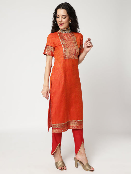 Festive Yoke Kurta With Lace, Straight Pant And Matching Embellished Dupatta Set