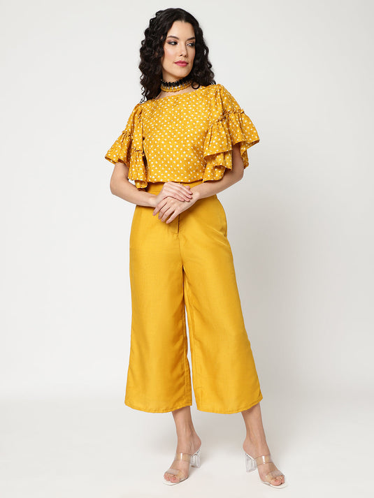 Bandhani Foil Printed Crop Top With Flared Sleeves And Solid Matching Pant Set