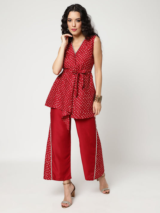 Bandhani Foil Printed Asymmetric Top With Stylish Pants Set Having Lace Details