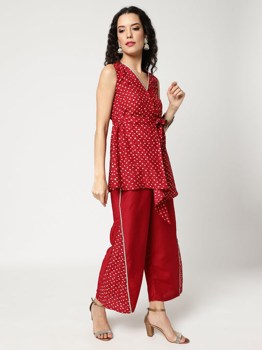 Bandhani Foil Printed Asymmetric Top With Stylish Pants Set Having Lace Details