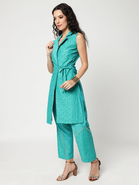 Self Embroidered Long Sleeveless Top With Waist Tie-Up And Stylish Pants Set Having Lace Details