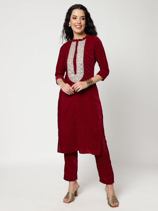 Velvet U-Shape Lace Patch Kurta With Straight Pant Set