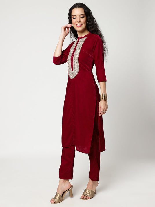 Velvet U-Shape Lace Patch Kurta With Straight Pant Set