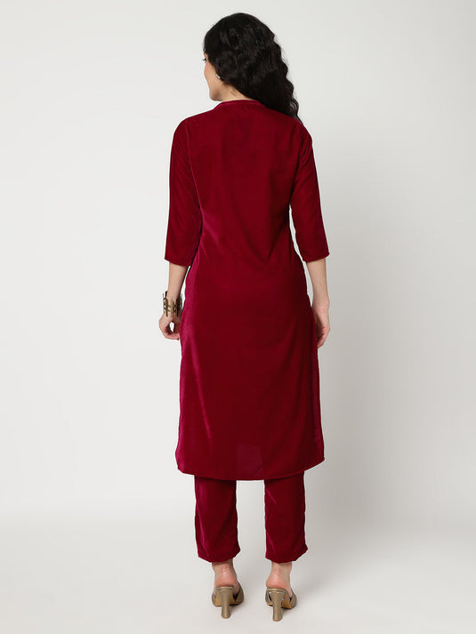 Velvet U-Shape Lace Patch Kurta With Straight Pant Set