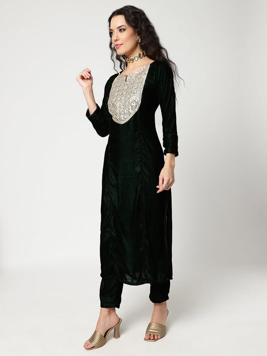 Velvet Embroidered Neck Kurta With Straight Pant Set