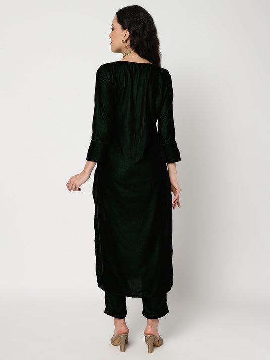 Velvet Embroidered Neck Kurta With Straight Pant Set