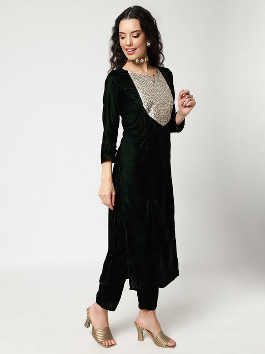 Velvet Embroidered Neck Kurta With Straight Pant Set