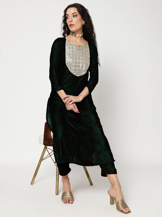 Velvet Embroidered Neck Kurta With Straight Pant Set