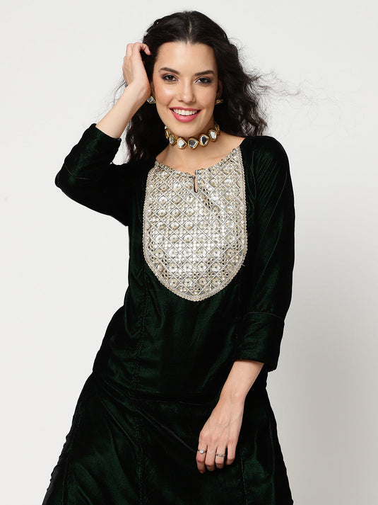 Velvet Embroidered Neck Kurta With Straight Pant Set