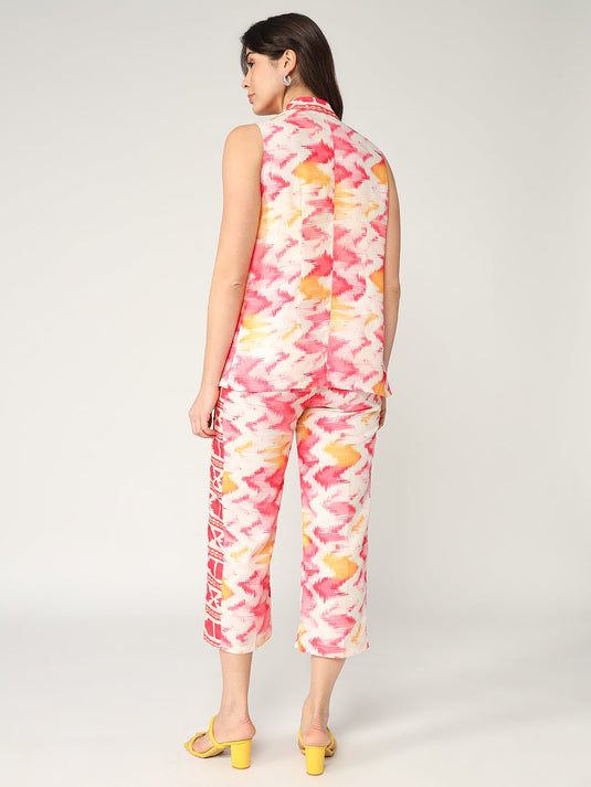 Fusion Ikat Printed Sleeveless Shrug With Pant Set