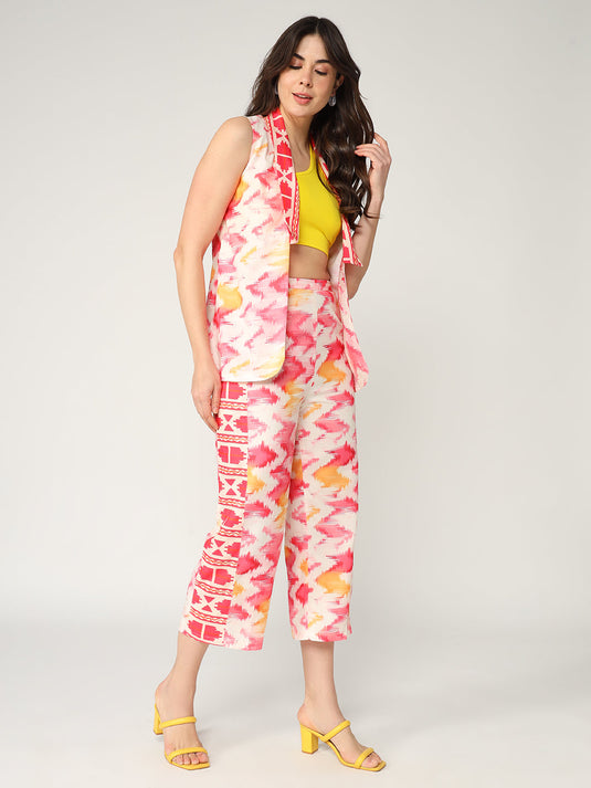 Fusion Ikat Printed Sleeveless Shrug With Pant Set