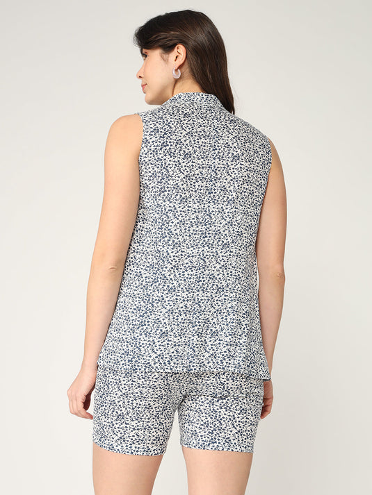 Fusion Allover Printed Sleeveless Shrug With Short Pant Set