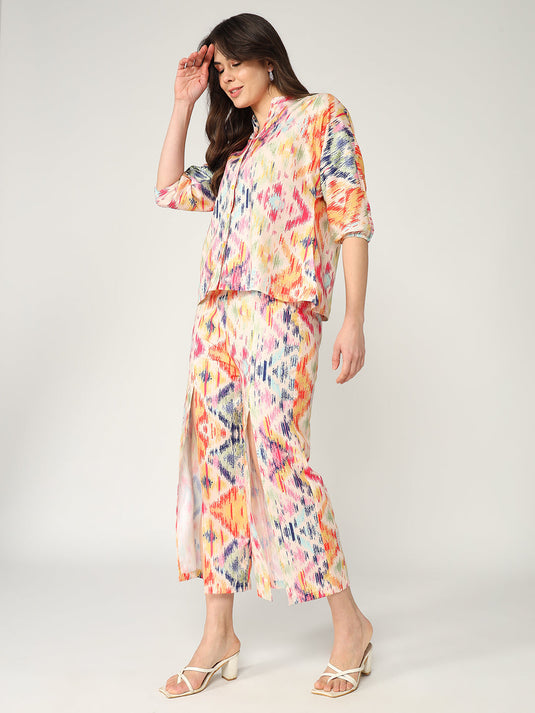 Ikat Digital Printed Loose Shirt With Slit Pant Set