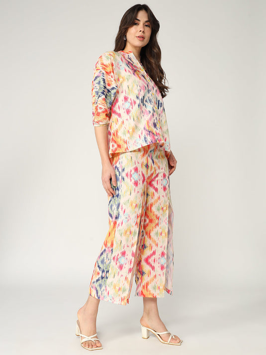 Ikat Digital Printed Loose Shirt With Slit Pant Set