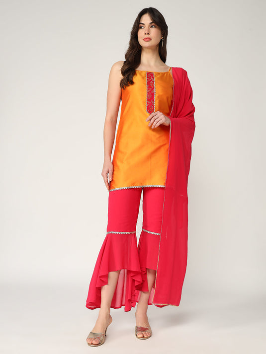 Strappy Kurta With Stylish Palazzo And Matching Dupatta Set With Lace Details