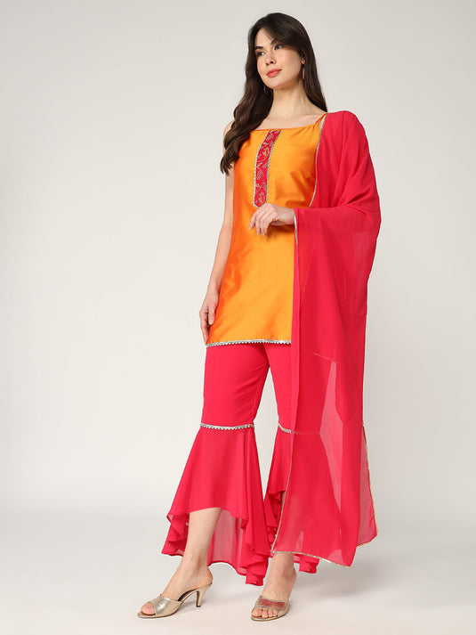 Strappy Kurta With Stylish Palazzo And Matching Dupatta Set With Lace Details