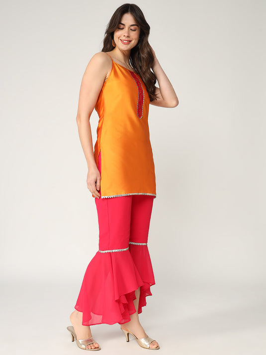 Strappy Kurta With Stylish Palazzo And Matching Dupatta Set With Lace Details