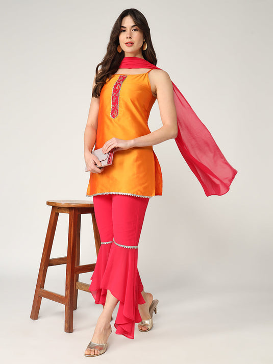 Strappy Kurta With Stylish Palazzo And Matching Dupatta Set With Lace Details