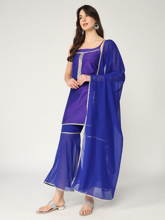 Strappy Kurta With Stylish Palazzo And Matching Dupatta Set With Lace Details