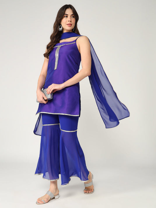 Strappy Kurta With Stylish Palazzo And Matching Dupatta Set With Lace Details