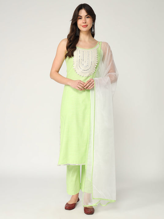 Strappy Kurta With Embroidered Yoke And Straight Pant Having Matching Dupatta Set With Lace Details