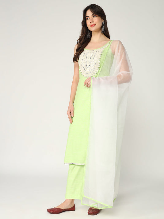 Strappy Kurta With Embroidered Yoke And Straight Pant Having Matching Dupatta Set With Lace Details