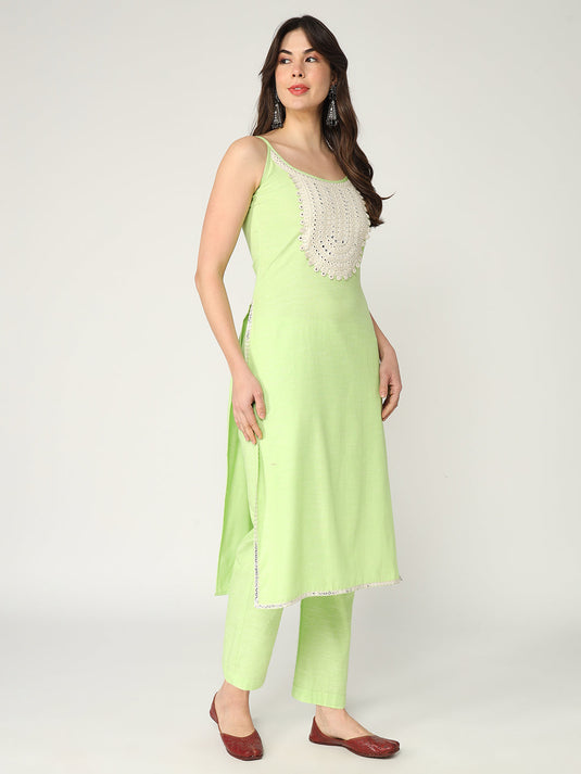 Strappy Kurta With Embroidered Yoke And Straight Pant Having Matching Dupatta Set With Lace Details