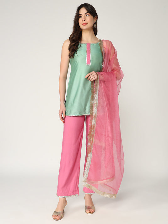 Sleeveless Short Kurta With Laces And Straight Pant Having Matching Dupatta Set With Lace Details