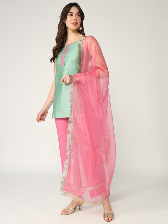 Sleeveless Short Kurta With Laces And Straight Pant Having Matching Dupatta Set With Lace Details