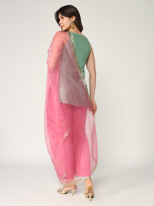 Sleeveless Short Kurta With Laces And Straight Pant Having Matching Dupatta Set With Lace Details