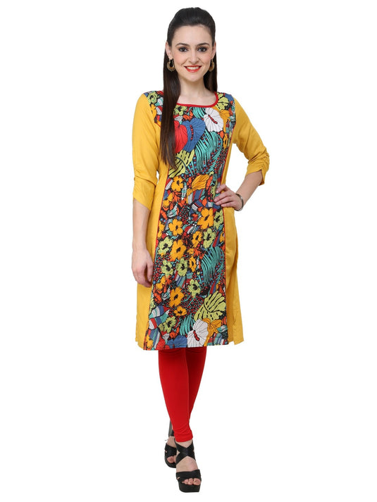 Pannkh Women's Mustard Multi Floral A Line kurti