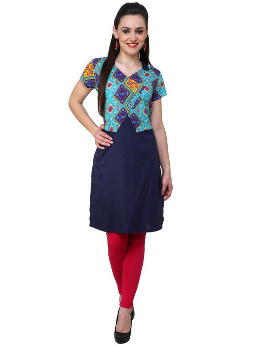 Pannkh Women's Blue Diamond Print Waist Coat Kurti