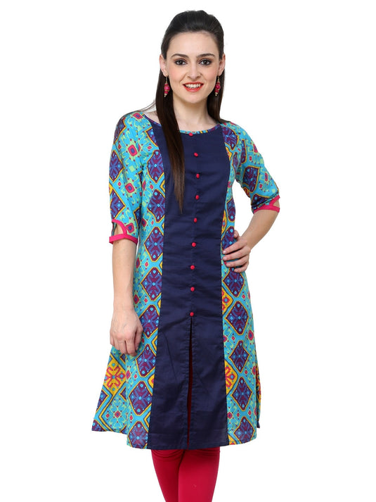 Pannkh Women's Blue Diamond Panelled Kurti