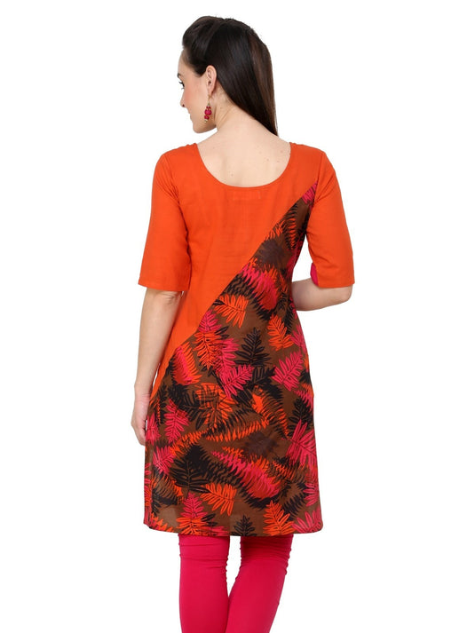 Pannkh Women's Orange Leaf Print Diagonal Cut Kurti