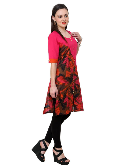 Pannkh Women's Pink Leaf Print Diagonal Cut Kurti