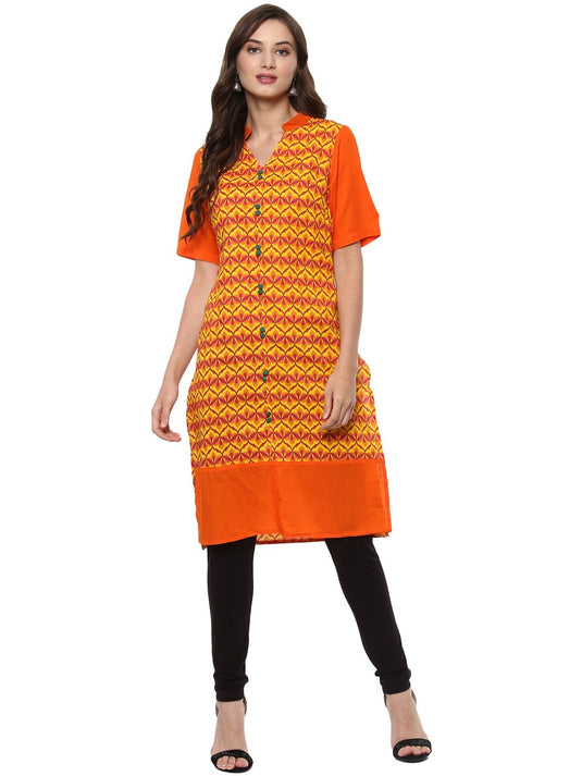 Pannkh Women's Yellow Allover Print Stand Collar Print Kurti